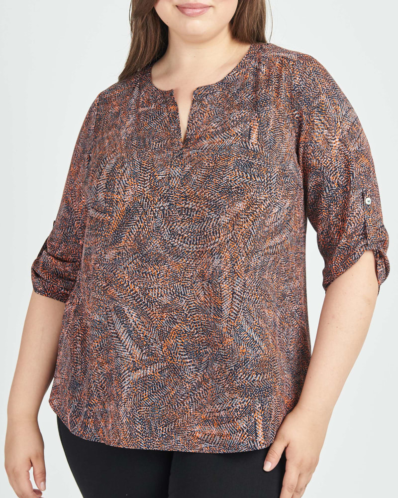 Front of a model wearing a size 3X Gabriella 3/4 Roll-Tab Sleeve Blouse in H370 INDIGO by Daniel Rainn. | dia_product_style_image_id:297374